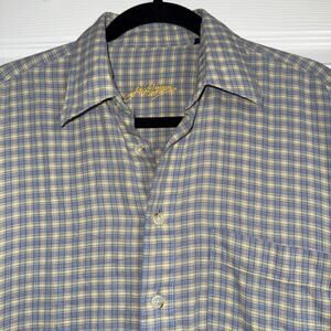 Men's Jack Lipson Gold Plaid Cotton Button Down Shirt M Blue Yellow Casual